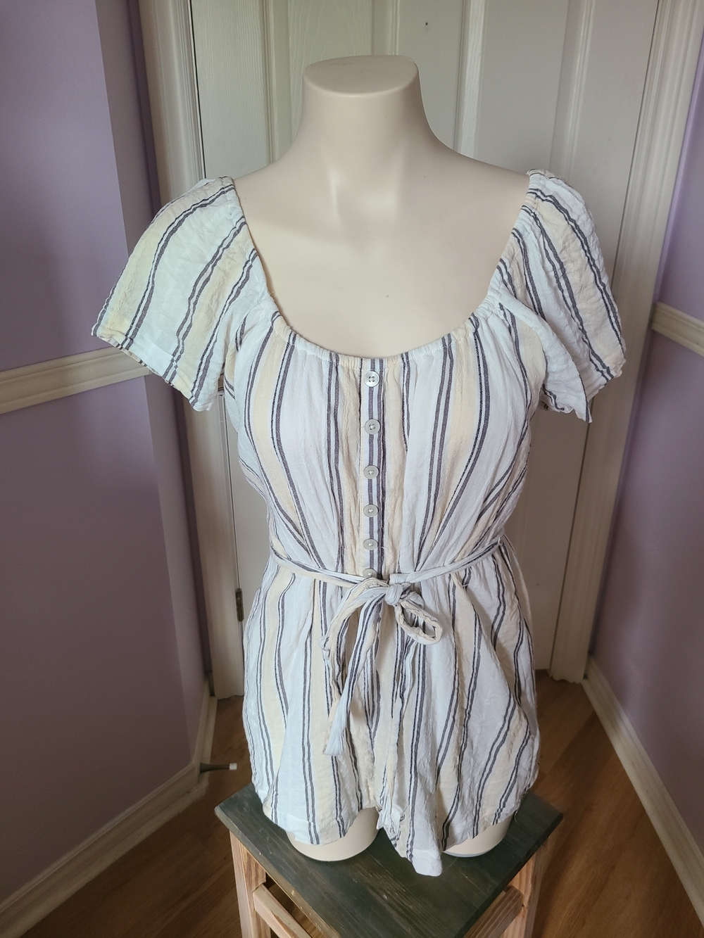 American Eagle Outfitters White Romper with Navy and Beige Stripes